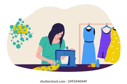 Seamstress. Young woman working on sewing machine at home. Workplace of seamstress. Fashion designer, dressmaker. Needlework, hobbies, home leisure. Vector illustration.