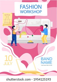 Seamstresses insert thread into needle of sewing machine. Fashion workshop concept poster