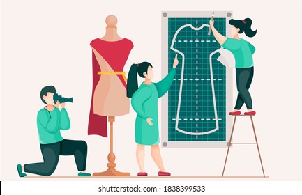 Seamstresses are working on a model of a new dress. Guy with a camera takes pictures of designers. Photo shooting of making clothes. Custom tailoring. Women posing next to a mannequin. Sewing to order