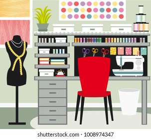 Seamstress's office. Dressmaker. Sewing vector illustration V.