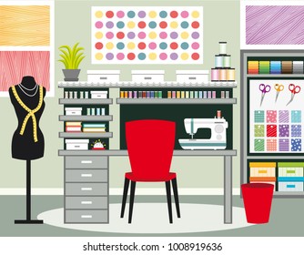 Seamstress's office. Dressmaker workspace. Sewing vector illustration II. Green tones.