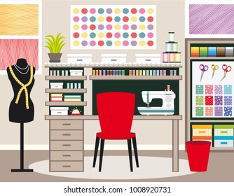 Seamstress's office. Dressmaker workspace. Sewing vector illustration III.