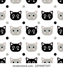 Seanless pattern with cute cartoon cats on white background, apparel design, for fabric, for textile, for wrapping paper