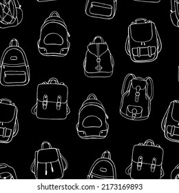 Patrón insensible con mochilas de doodle. Ilustración vectorial dibujada a mano. Objetos aislados sobre fondo negro. Textos para imprenta, textiles, tejidos; empaque.