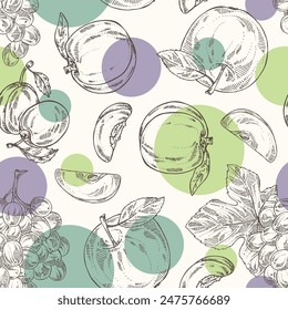 Patrón inconsútil con frutas: uvas, melocotón, ciruela y manzana. Vector dibujado a mano ilustración.