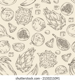 Seanless pattern with fruits: mango fruit, pitaya, dragon fruit, longan and granadilla. Vector hand drawn illustration.