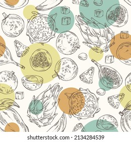 Seanless pattern with fruits: mango fruit, pitaya, dragon fruit, longan and granadilla. Vector hand drawn illustration.