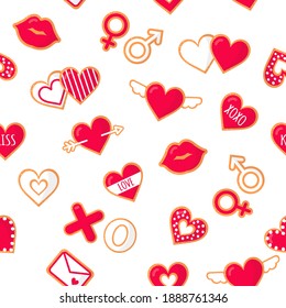 Seanless pattern with gingerbread cookies with lettering love for Valentine's Day. Vector flat design isolated on white background.