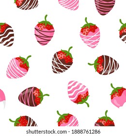Seanless pattern with glazed strawberries in chocolate for Valentine's Day. Vector flat design isolated on white background.