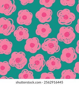 Seanless pattern with naive pink hearts on turquoise background. Hand drawn cute flowers, vector illustration for wrapping paper.