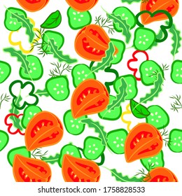 Seanless pattern with vegetables set eat local farm market rustic illustrations with a onion, pepper, cucumber, tomato. Summer ingredients for salads. Vector