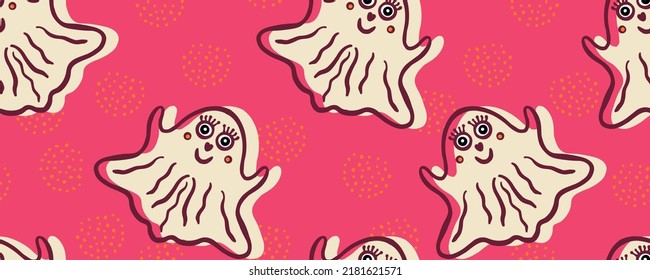 Seanless vector pattern with happy flying Halloween ghosts in purple and beige on a bright vintage pink background with retro orange dots. Friendly Halloween design for children especially girls.