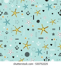 Sea.Ocean. Starfish, anchor. Seamless pattern. All elements are  hidden under mask. Pattern are not cropped and can be edited. Cute vector illustration. Vacation, holiday, travel, summer