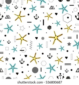 Sea.Ocean. Starfish, anchor. Seamless pattern. All elements are  hidden under mask. Pattern are not cropped and can be edited. Cute vector illustration. Vacation, holiday, travel, summer.