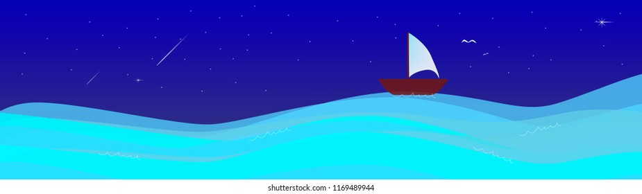 Sea-ocean view banner with ship, boat, yacht at niggt