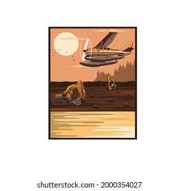 seaplane and excavator, an illuatration of worker