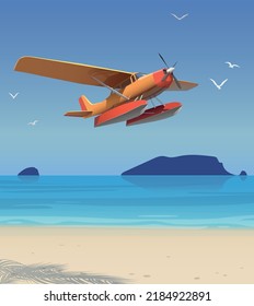 
A seaplane flies over the beach. Vector.