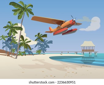 
A seaplane flies over an island with palm trees. Vector.