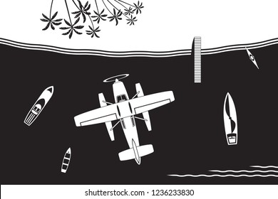 Seaplane flying to island in the sea - vector illustration