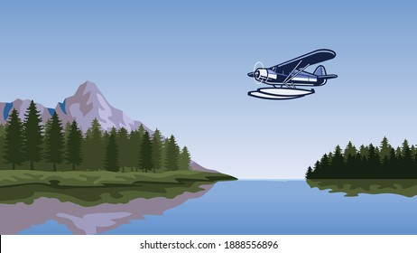 seaplane flying over the beautiful lake