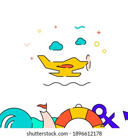 Seaplane, hydroplane filled line vector icon, simple illustration, water safety and watercraft related bottom border.