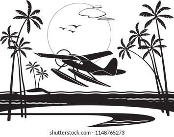 Seaplane taking off from an island in the ocean - vector illustration