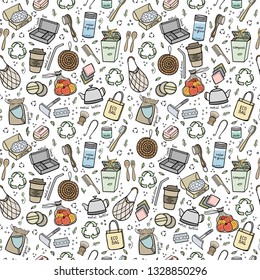 Seapless pattern hand drawn elements of zero waste life. Eco style. No plastic. Go green. Vector illustration