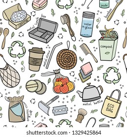 Seapless pattern hand drawn elements of zero waste life. Eco style. No plastic. Go green. Vector illustration