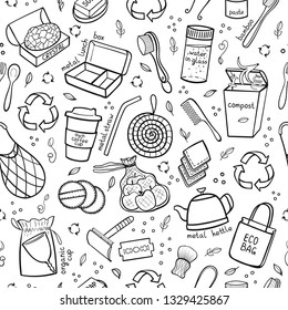 Seapless pattern hand drawn elements of zero waste life. Eco style. No plastic. Go green. Vector illustration