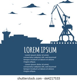 Seaport banner with crane silhouette. Maritime container transportation, commercial transportation logistics. Worldwide freight shipping business company, global delivery service vector illustration
