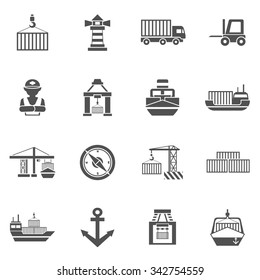  Seaport black icons set  with containers tankers and port facilities isolated vector illustration