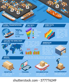 Seaport cargo transportation and storage infographic isometric poster with world top harbors statistics abstract vector illustration 