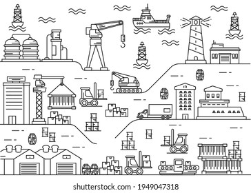 Seaport  City Landscape with boat and cargo ship Illustration Line art vector