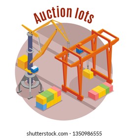 Seaport colored isometric background with auction lots description and in round shape vector illustration
