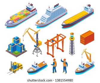 Seaport colored isometric icon set with isolated boats cranes ships and workers vector illustration