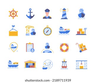 Conjunto de iconos coloridos del puerto marítimo. Pegatinas luminosas con buque de mar, volante, almacén y grúa. La logística global y la industria naviera. Colección vectorial plana de dibujos animados aislada en fondo blanco