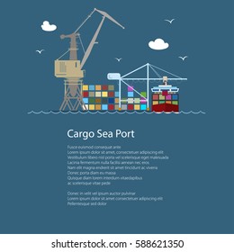 Seaport with Container Ship and Text , Unloading Containers from a Ship in a Docks with Cargo Crane, International Freight Transportation, Poster Brochure Flyer Design, Vector Illustration 