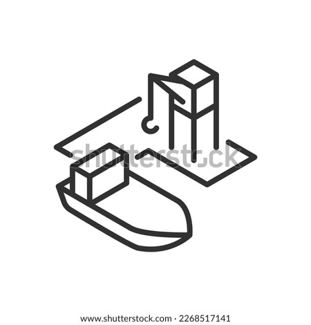 Seaport with crane and ship, linear icon. Line with editable stroke