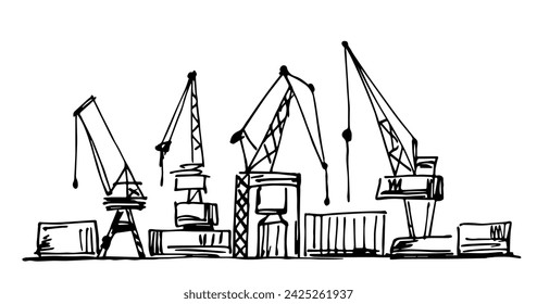 Puerto marítimo, grúas, entrega y envío de mercancías, transporte de carga, envío. Esbozo de tinta vectorial simple.