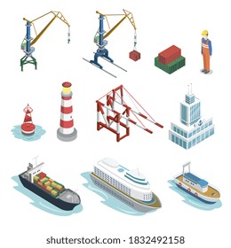 Seaport equipment. Isometric naval ship nautical transport, different cargo crane and lighthouse. Vector marine logistic isolated set. Industrial sea port freight transport and equipment illustration