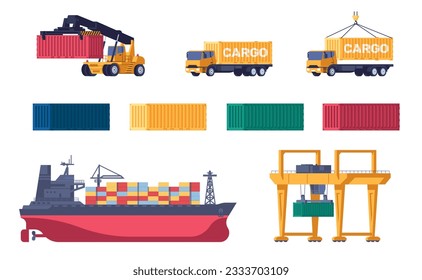 Seaport equipment. Seagoing cargo ship. Container loaders with cranes. Automobile trucks. Marine transport loading. Hook lifting metal boxes. Freight transportation