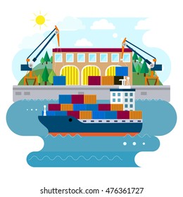 Seaport flat concept creative vector illustration, cargo ships, cranes, sea, harbor, containers, for banners and posters