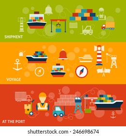 Seaport flat horizontal banner set with shipment voyage port isolated vector illustration