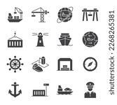Seaport, icon set. Equipment for the shipping industry. Marine port and freight vessels. Logistic. Glyph