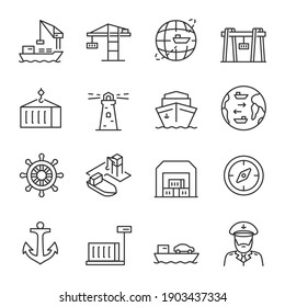 Seaport, icon set. Equipment for the shipping industry. Marine port and freight vessels. Logistic. Line with editable stroke