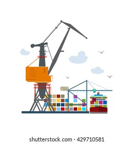 Seaport Isolated on White, Unloading Containers from a Cargo Ship in a Docks with Cargo Crane, Container Ship at the Dock,  International Freight Transportation, Vector Illustration