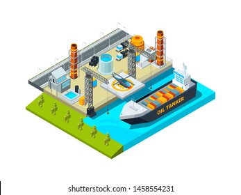 Seaport isometric. Cargo ship oil tanks seaside industrial buildings vessel and fuel farms vector 3d illustration. Seaport ship, 3d cargo commercial transportation