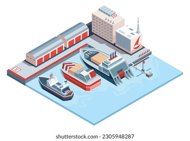 Seaport isometric icon with isolated crane and ships. City industrial dock port with container cargo industry freight. Distribution terminal or shipment vector illustration