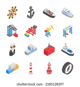 Iconos isométricos del puerto marítimo. Pesca marítima, industria naviera, grúas, transporte de carga, buques civiles y de carga. Colección de objetos. Ilustración del vector