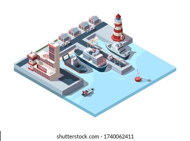 Seaport isometric industrial. Logistics illustration of international port ships in dock and terminal building, cargo storage lighthouse on pier unloading cran sea buoy. Vector illustration style.